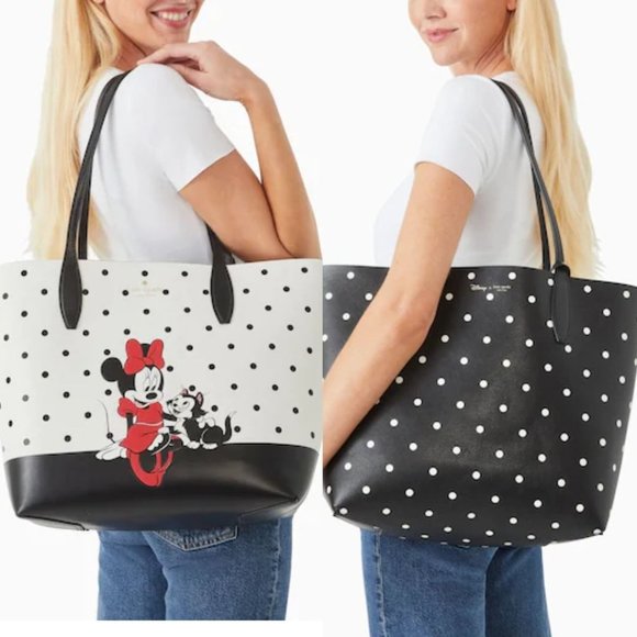 NEW Kate Spade X Disney Minnie Mouse & Figaro Tote Bag White Polka Dot Leather - Picture 2 of 11
